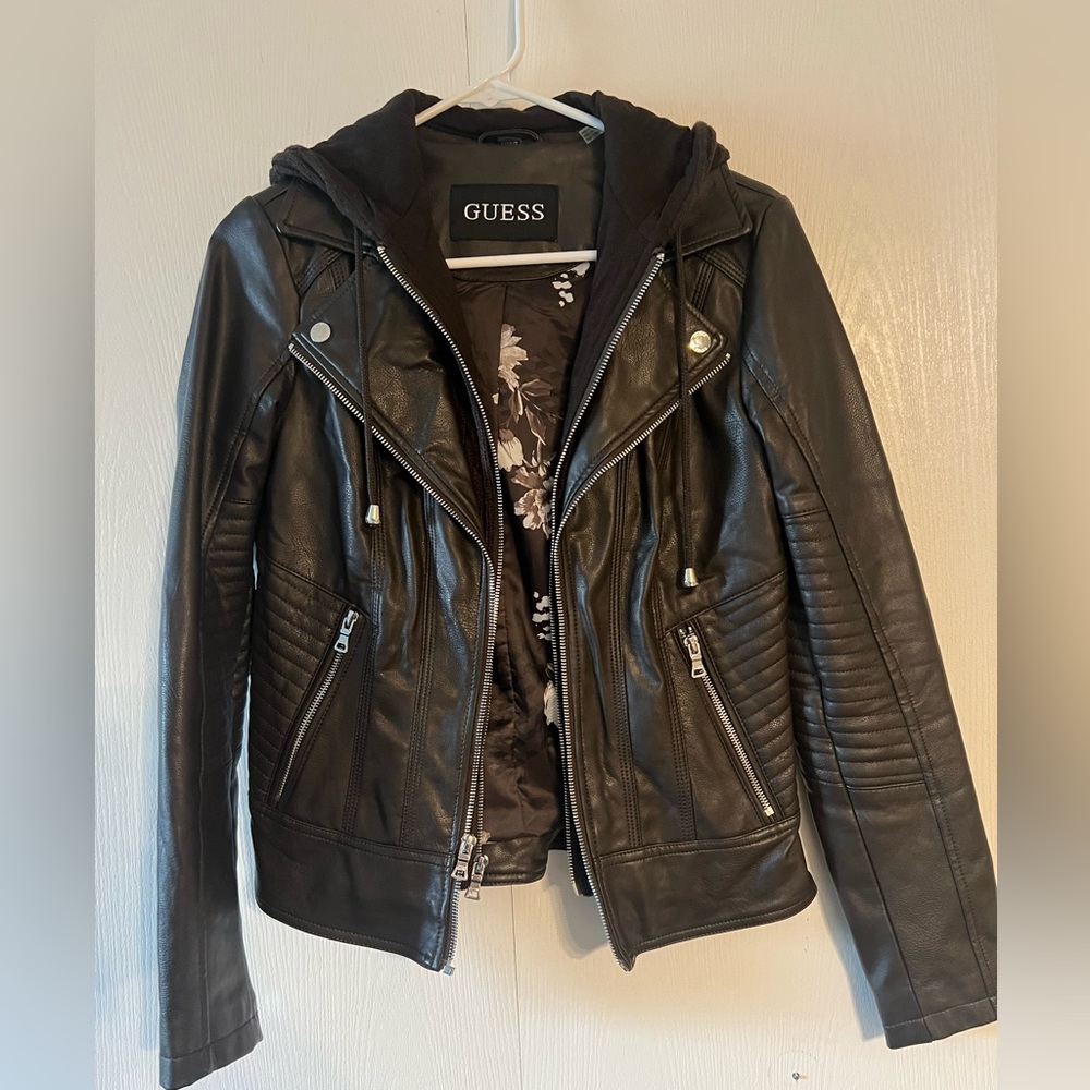 GUESS Black Faux Leather Quilted Moto Jacket with Hood